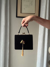 Load image into Gallery viewer, Vintage Black Velvet Handbag with French Horse Brooch Sourced from France Black Gold Tassel Fringe
