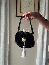 Load image into Gallery viewer, Vintage Upcyled Black Velvet Handbag with French Brooch Sourced from France Black Gold Tassel Fringe
