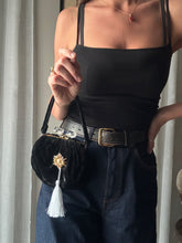 Load image into Gallery viewer, Vintage Upcyled Black Velvet Handbag with French Brooch Sourced from France Black Gold Tassel Fringe

