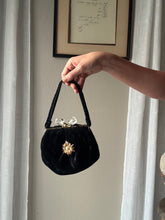 Load image into Gallery viewer, Vintage Upcyled Black Velvet Handbag with French Brooch Sourced from France Black Gold Tassel Fringe

