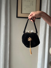 Load image into Gallery viewer, Vintage Upcyled Black Velvet Handbag with French Brooch Sourced from France Black Gold Tassel Fringe
