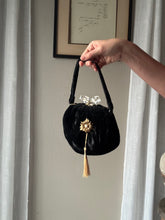 Load image into Gallery viewer, Vintage Upcyled Black Velvet Handbag with French Brooch Sourced from France Black Gold Tassel Fringe
