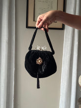 Load image into Gallery viewer, Vintage Upcyled Black Velvet Handbag with French Brooch Sourced from France Black Gold Tassel Fringe

