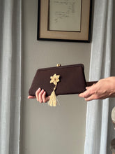 Load image into Gallery viewer, Vintage Upcyled Coco Brown Clutch Gold Tone French Flower Brooch Sourced from France Black Gold Tassel Fringe
