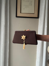 Load image into Gallery viewer, Vintage Upcyled Coco Brown Clutch Gold Tone French Flower Brooch Sourced from France Black Gold Tassel Fringe
