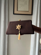 Load image into Gallery viewer, Vintage Upcyled Coco Brown Clutch Gold Tone French Flower Brooch Sourced from France Black Gold Tassel Fringe
