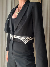 Load image into Gallery viewer, Vintage Upcycled Black Cropped Blazer with French Vintage Lace Sourced from France
