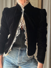 Load image into Gallery viewer, Vintage French Lace Upcycled Black Velvet Jacket with Gold Braided Trim Detail
