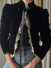 Load image into Gallery viewer, Vintage French Lace Upcycled Black Velvet Jacket with Gold Braided Trim Detail
