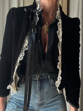Load image into Gallery viewer, Vintage French Lace Upcycled Black Velvet Jacket with Gold Braided Trim Detail
