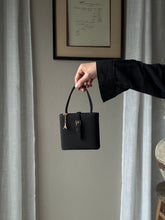 Load image into Gallery viewer, Vintage Parisian Black Box Belt Handbag with French Gold Tone Eiffel Tower Charm Sourced from France Black Gold Tassel Fringe
