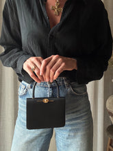 Load image into Gallery viewer, Vintage Black Satin Handbag with French Gold Pearl and Flower Brooch Sourced from France Black Gold Tassel Fringe
