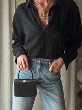Load image into Gallery viewer, Vintage Black Satin Handbag with French Gold Pearl and Flower Brooch Sourced from France Black Gold Tassel Fringe
