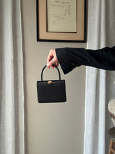 Load image into Gallery viewer, Vintage Black Satin Handbag with French Gold Pearl and Flower Brooch Sourced from France Black Gold Tassel Fringe
