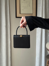 Load image into Gallery viewer, Vintage Black Satin Handbag with French Gold Pearl and Flower Brooch Sourced from France Black Gold Tassel Fringe
