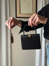 Load image into Gallery viewer, Vintage Black Satin Handbag with French Gold Pearl and Flower Brooch Sourced from France Black Gold Tassel Fringe
