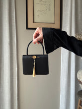 Load image into Gallery viewer, Vintage Black Satin Handbag with French Gold Pearl and Flower Brooch Sourced from France Black Gold Tassel Fringe
