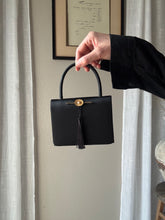 Load image into Gallery viewer, Vintage Black Satin Handbag with French Gold Pearl and Flower Brooch Sourced from France Black Gold Tassel Fringe
