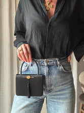 Load image into Gallery viewer, Vintage Black Satin Handbag with French Gold Pearl and Flower Brooch Sourced from France Black Gold Tassel Fringe
