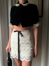 Load image into Gallery viewer, French Vintage Lace Upcycled Black Velvet Cropped Bolero Jacket Union Made
