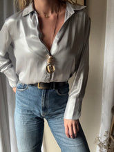 Load image into Gallery viewer, Vintage Y2K Silver Metallic Oversized Button Down Button Up Blouse
