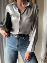 Load image into Gallery viewer, Vintage Y2K Silver Metallic Oversized Button Down Button Up Blouse

