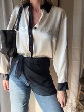 Load image into Gallery viewer, Vintage Deadstock Silk Ivory White Satin Oversized Button Up Blouse Black Collar and Sleeve Cuffs
