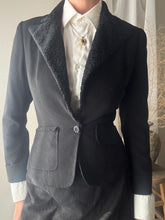 Load image into Gallery viewer, Vintage Wool Black Fitted Blazer Faux Shearling Velvet Collar Made in USA
