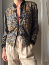 Load image into Gallery viewer, Vintage Floral Cotton Blazer: Black Velvet Mandarin Collar, Frog Closure

