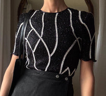 Load image into Gallery viewer, Vintage Black Silk Sequin Blouse: Scala Beaded Short Sleeve Top

