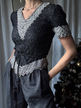 Load image into Gallery viewer, Vintage Black Silk Silver Sequin Beaded Blouse: Short Sleeve
