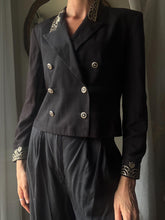 Load image into Gallery viewer, Vintage 80s 90s Cropped  Black Double Breasted Blazer Gold Embellished Collar Cuff Detail
