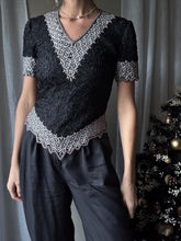 Load image into Gallery viewer, Vintage Black Silk Silver Sequin Beaded Blouse: Short Sleeve
