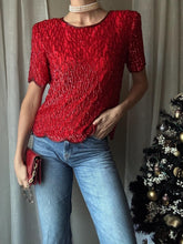 Load image into Gallery viewer, Vintage Red Silk Sequin Blouse: Beaded Short Sleeve Top Shoulder Pads
