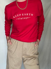 Load image into Gallery viewer, Upcycled Vintage Bright Cherry Red Sweatshirt with Beige Keep Earth Vintagen Embroidered Logo
