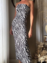 Load image into Gallery viewer, Vintage Gunne Sax Zebra Print Maxi Dress: Strapless Rhinestone Detail
