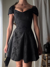 Load image into Gallery viewer, Vintage Black Floral Jacquard Dress: Off-Shoulder Fit &amp; Flare, Made in USA
