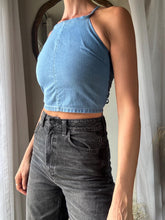 Load image into Gallery viewer, Vintage Upcycled Cotton Denim Square Neck Halter Tie Top Handmade
