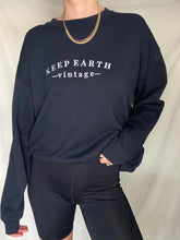 Load image into Gallery viewer, Upcycled Vintage Black Oversized Sweatshirt with White Keep Earth Vintage Embroidered Logo
