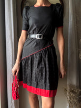 Load image into Gallery viewer, Vintage Black Red Cotton Asymmetrical Short Puff Sleeve Dress

