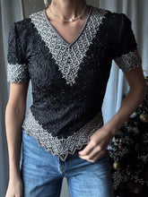 Load image into Gallery viewer, Vintage Black Silk Silver Sequin Beaded Blouse: Short Sleeve

