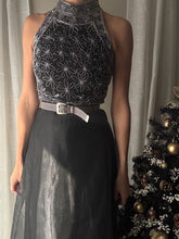 Load image into Gallery viewer, Vintage High Neck Black Silk and Silver Beaded Sequin Halter Top
