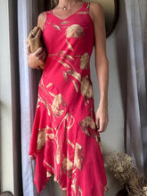 Load image into Gallery viewer, Vintage Red and Beige Floral Dress with Asymmetrical Ruffle Hem
