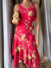 Load image into Gallery viewer, Vintage Red and Beige Floral Dress with Asymmetrical Ruffle Hem
