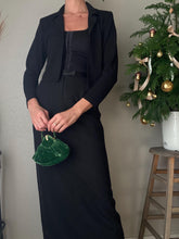 Load image into Gallery viewer, Vintage Black Maxi Skirt: Sparkle Satin Hem, Back Slit
