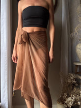 Load image into Gallery viewer, Vintage Semi Chocolate Brown Scarf Wrap Skirt with Subtle Rhinestone Crystals NWT
