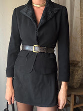 Load image into Gallery viewer, Vintage Wool Black Fitted Blazer Faux Shearling Velvet Collar Made in USA
