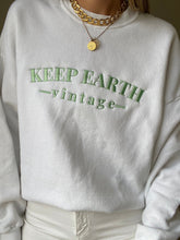 Load image into Gallery viewer, Upcycled Vintage Oversized White Long Sleeve Sweatshirt Pale Mint Green Keep Earth Vintage Logo
