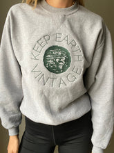 Load image into Gallery viewer, Upcycled Vintage Heather Grey Long Sleeve Sweatshirt Forest Green Keep Earth Vintage Logo
