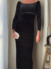 Load image into Gallery viewer, Vintage Black Velvet Rhinestone Empire Waist Long Sleeve Dress Made in USA
